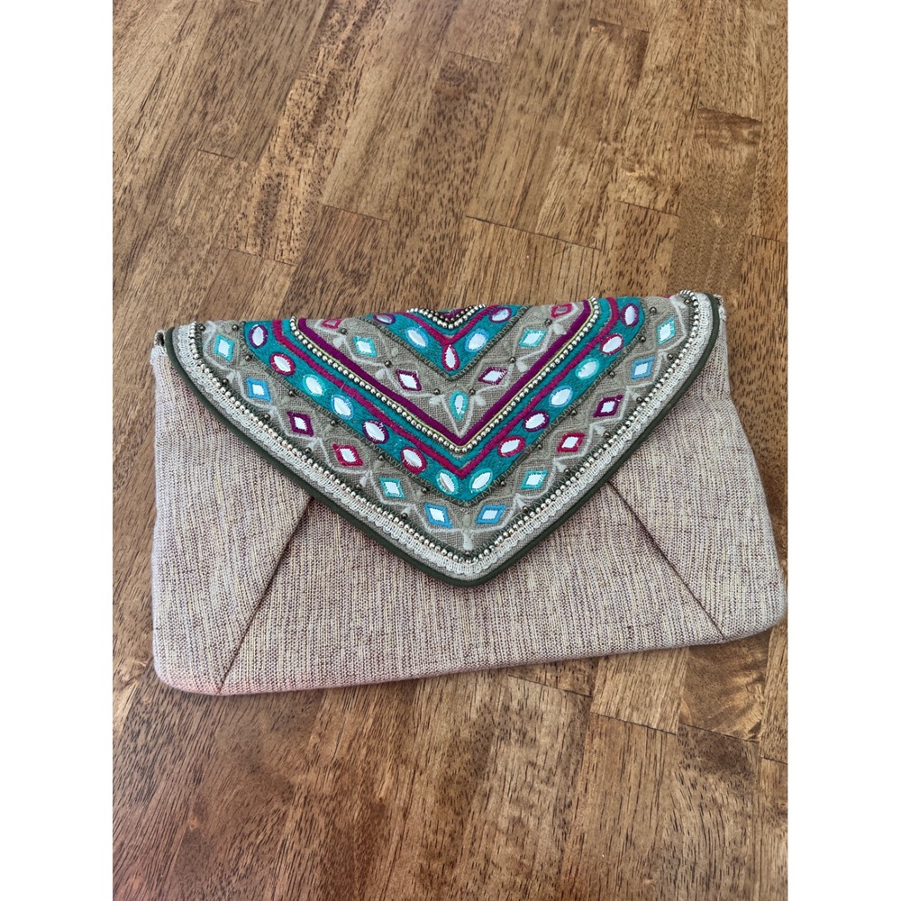 Chicos Embroidered Mirror Beaded Envelope Clutch Bag Tan Pink Metallic Boho